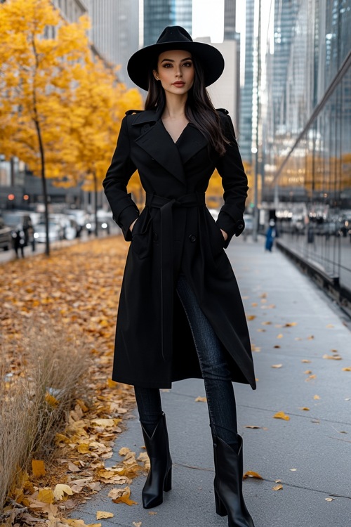 A woman wears black cowboy boots with skinny jeans and a black trench coat