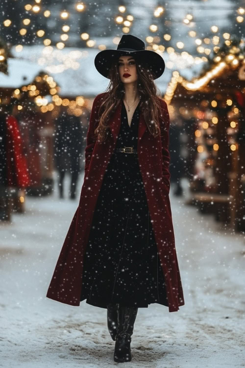 a woman wears a black dress, long dark red coat, black hat and black cowboy boots