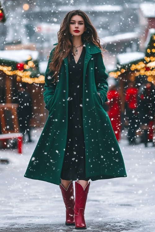 a woman wears a black dress, long green trench coat and red cowboy boots (2)