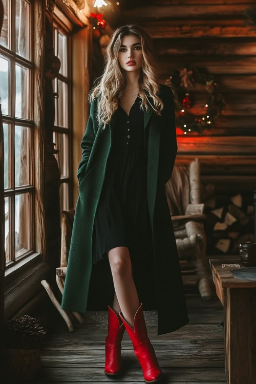 a woman wears a black dress, long green trench coat and red cowboy boots