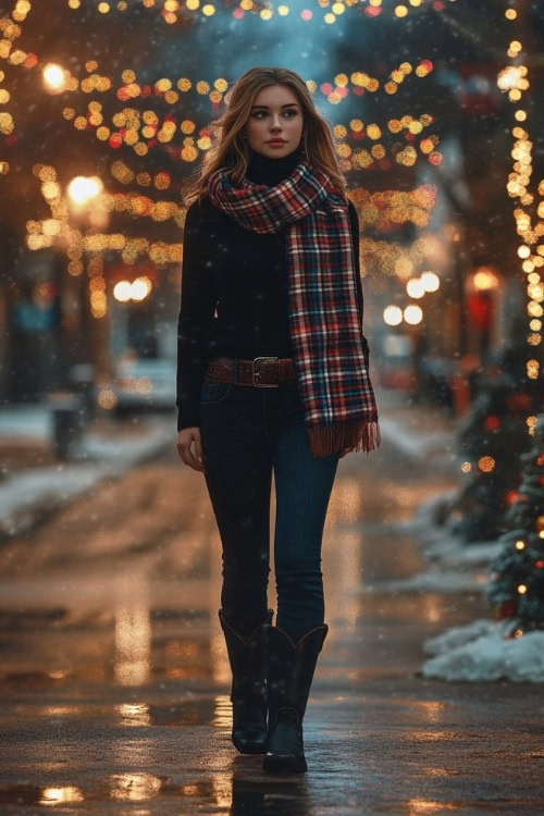 a woman wears a black sweater, jeans, a plaid scarf and black cowboy boots