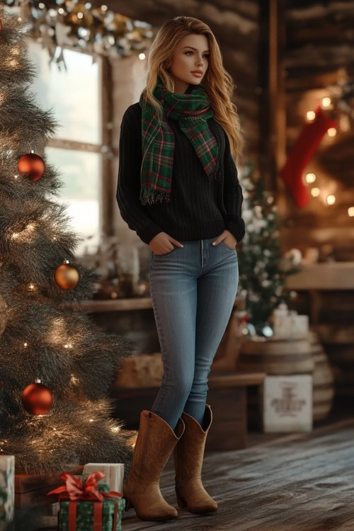 a woman wears a black sweater, jeans. a green plaid scarf and brown cowboy boots