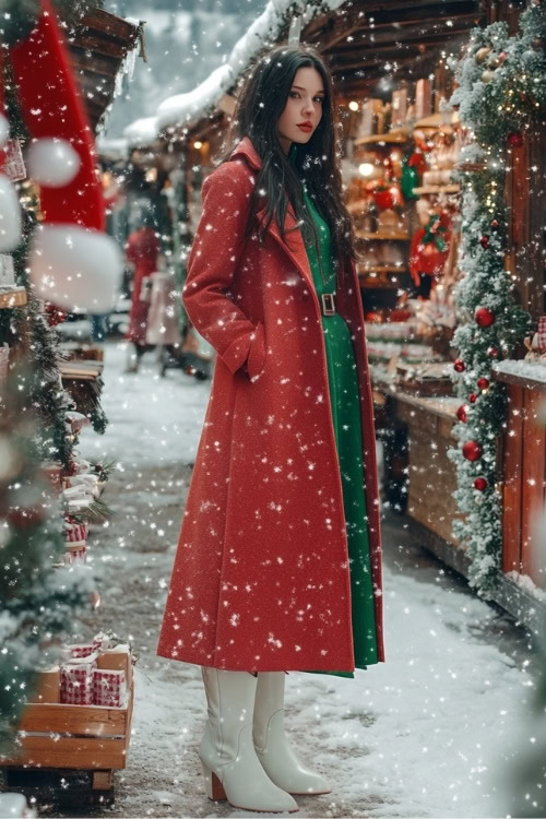 a woman wears a green dress, red long coat and white cowboy boots