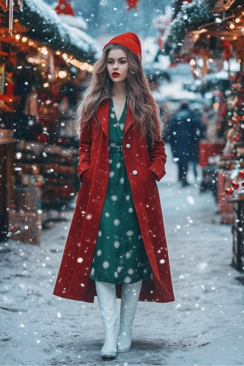 a woman wears a green midi dress, black coat and white cowboy boots