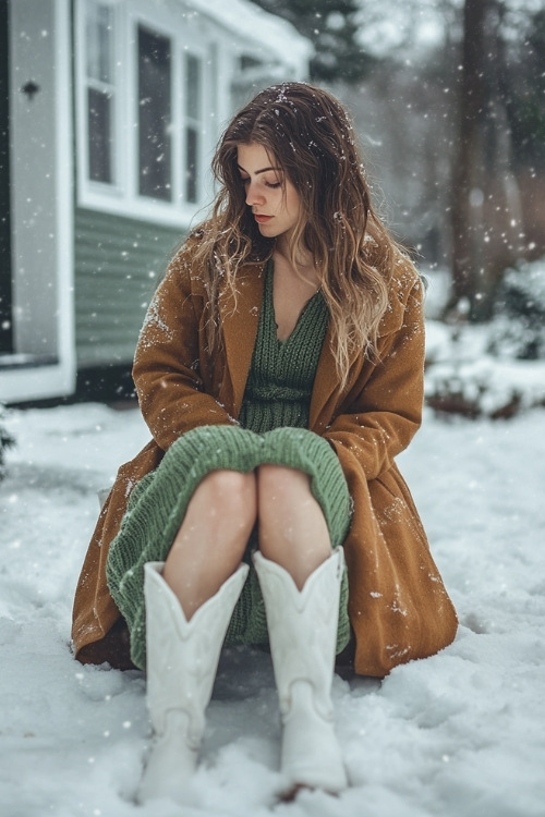 a woman wears a green sweater dress, a long brown furry coat and white cowboy boots (2)