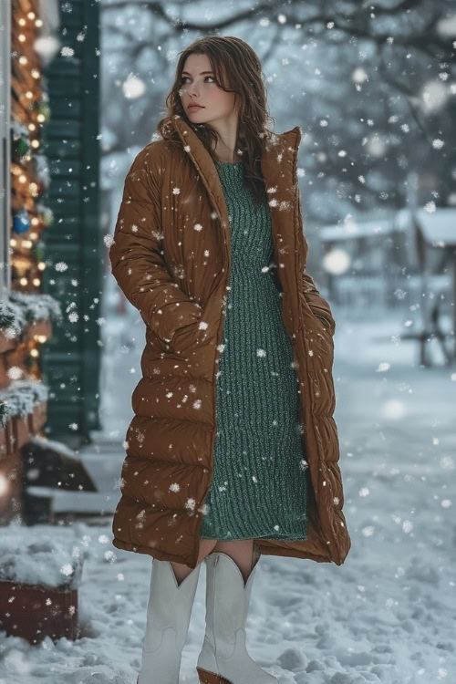 a woman wears a green sweater dress, a long brown furry coat and white cowboy boots