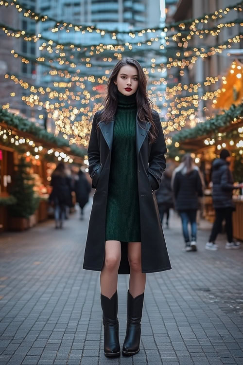 a woman wears a green sweater dress, long black coat and black cowboy boots (2)