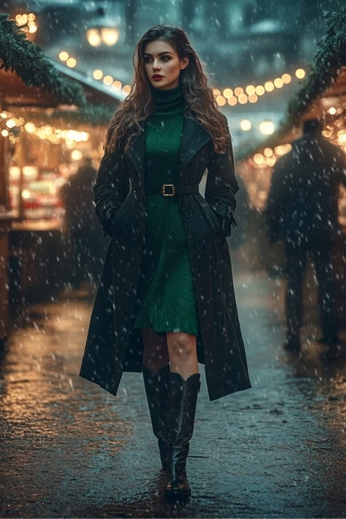 a woman wears a green sweater dress, long black coat and black cowboy boots