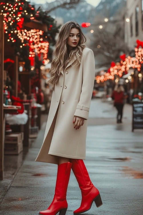 a woman wears a long beige trench coat and red cowboy boots