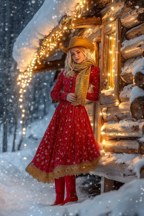 a woman wears a long red dress, brown hat and red cowboy boots