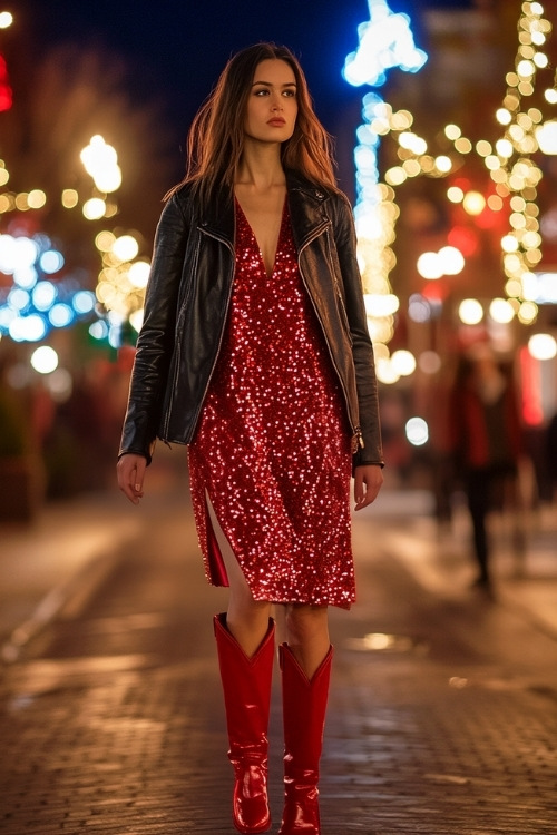 a woman wears a long red sequin dress, black leather jacket and red cowboy boots