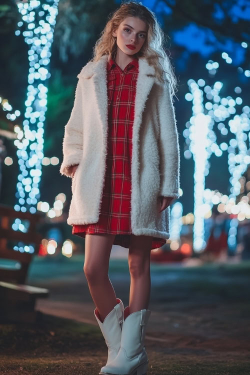 a woman wears a red plaid mini dress, a white furry coat and white cowboy boots