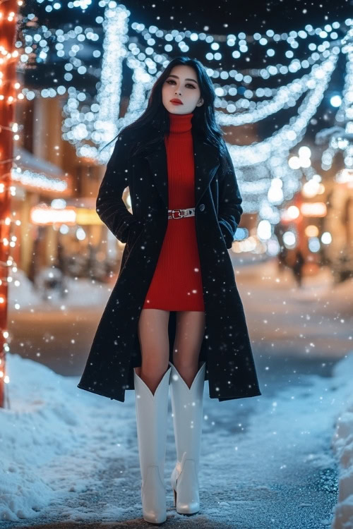 a woman wears a red sweater dress, black coat and white cowboy boots