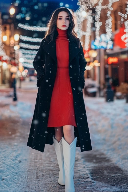 a woman wears a red sweater dress, long black coat and white cowboy boots (2)