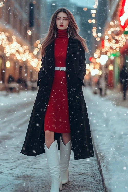 a woman wears a red sweater dress, long black coat and white cowboy boots