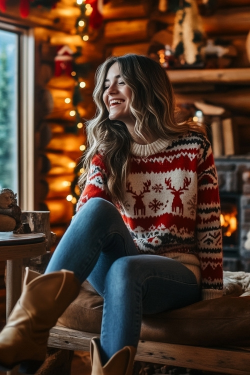 a woman wears a red sweater, jeans and brown cowboy boots (4)