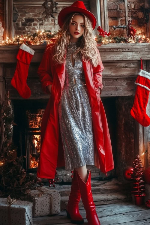 a woman wears a silver sparkling dress, long red coat, red hat and red cowboy boots