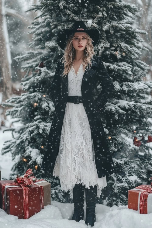 a woman wears a white lace dress, black coat and black cowboy boots