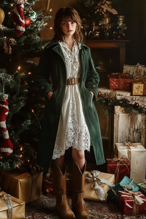 a woman wears a white lace dress, green coat and brown cowboy boots