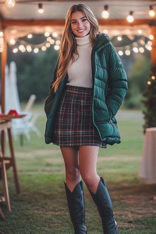 a woman wears a white sweater, green down jacket, plaid skirt and black cowboy boots