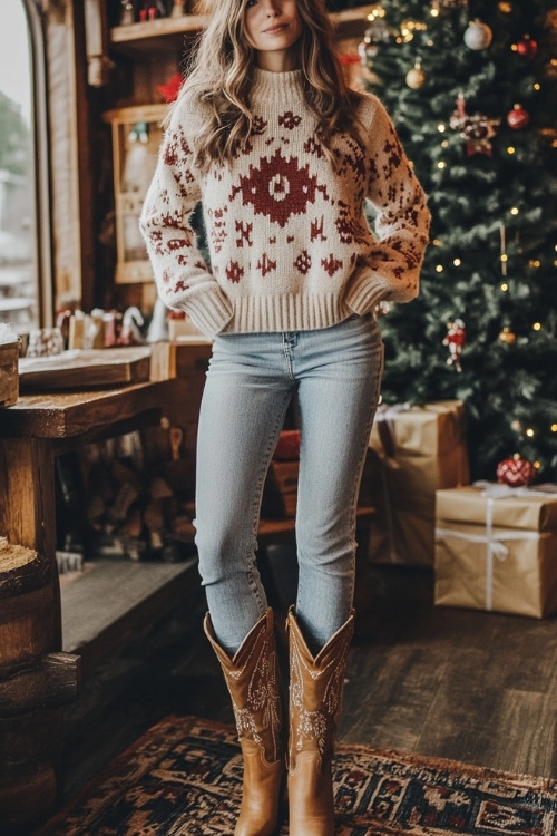 a woman wears a white sweater, jeans and brown cowboy boots