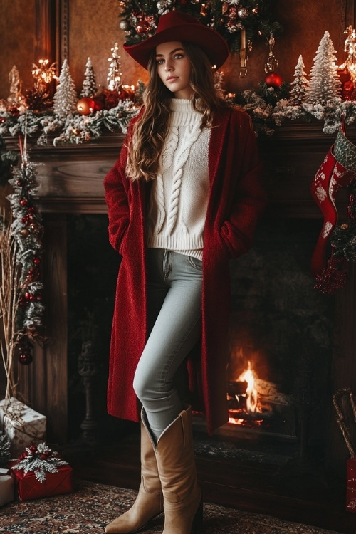 a woman wears a white sweater, jeans, long red coat, and brown cowboy boots