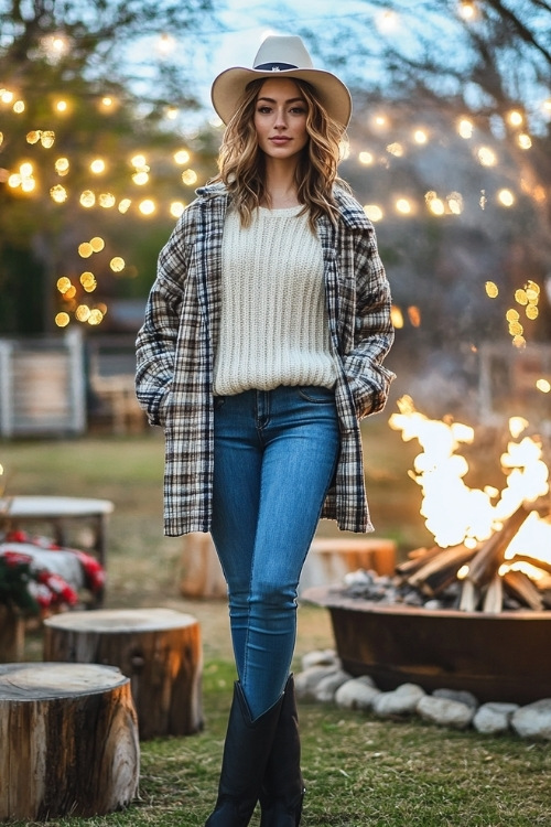 a woman wears a white sweater, plaid coat, jeans and black cowboy boots