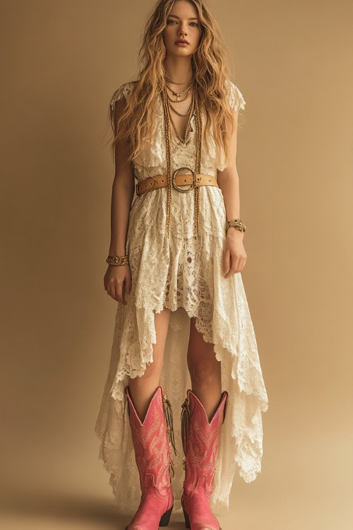 A boho-inspired look with a cream lace dress, accessorized with pink cowboy boots and a wide tan belt