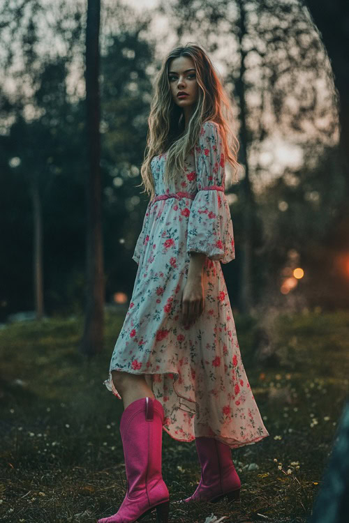 A boho-inspired outfit with a flowy floral maxi dress in soft pastels and vibrant pink cowboy boots