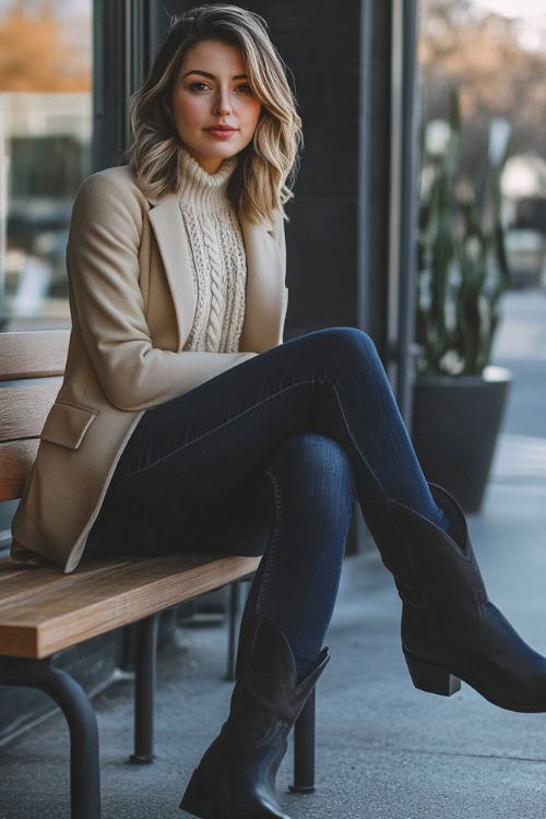 A casual winter work outfit featuring a woman in a cream-colored cable-knit sweater, a tan blazer, dark blue straight-leg jeans tucked into black cowboy boots