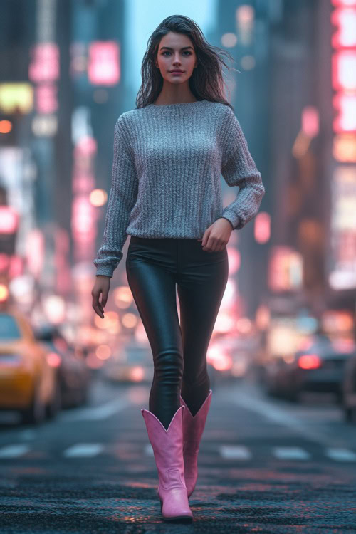 A casual yet stylish ensemble featuring a gray oversized sweater, black leather leggings, and pink cowboy boots