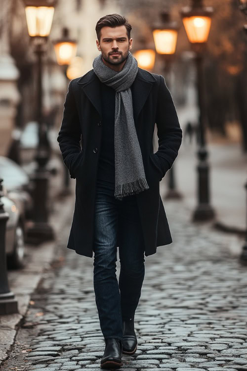 A classic winter outfit featuring a man in a black wool overcoat, a gray knit scarf, and dark blue bootcut jeans tucked into sleek, polished black cowboy boots