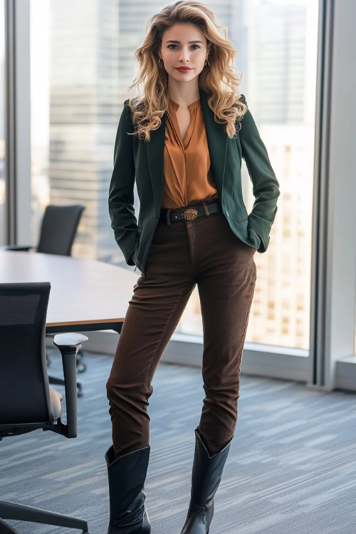 A confident office look with a woman in a tailored dark green blazer, a silk blouse, dark brown bootcut trousers tucked into elegant black cowboy boots