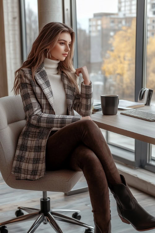 A fashionable yet practical winter work outfit featuring a woman in a plaid blazer layered over a cream cashmere sweater, dark brown bootcut pants tucked into black cowboy boots