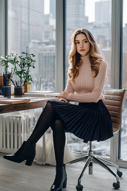 A feminine winter office outfit featuring a woman in a pleated navy skirt, a blush pink sweater, black tights, and sleek black cowboy boots