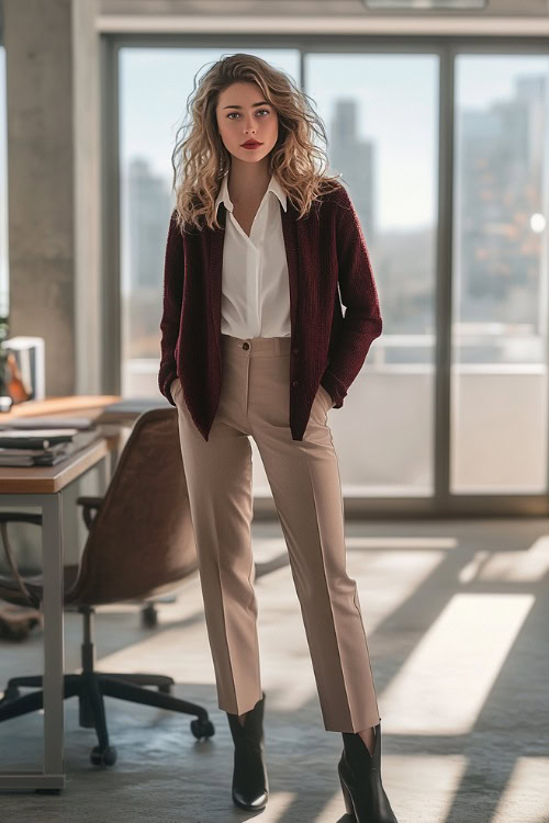 A modern business casual winter outfit featuring a woman in a maroon cardigan layered over a white button-up shirt, paired with beige straight-leg trousers tucked into black cowboy boots