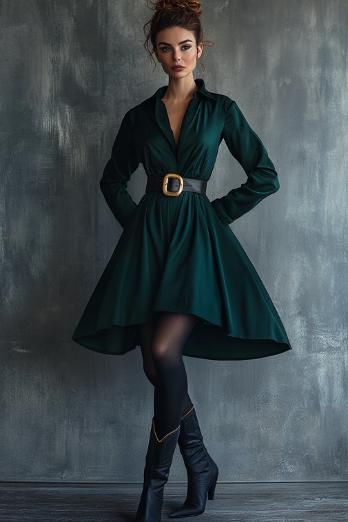 A modern wedding guest look with a woman wearing a knee-length dark green dress, a gold belt, black tights, and glossy black cowboy boots