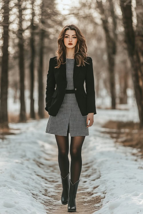 A modern winter look showcasing a woman wearing a black and white checkered midi skirt, a cropped black blazer, black tights, and classic black cowboy boots