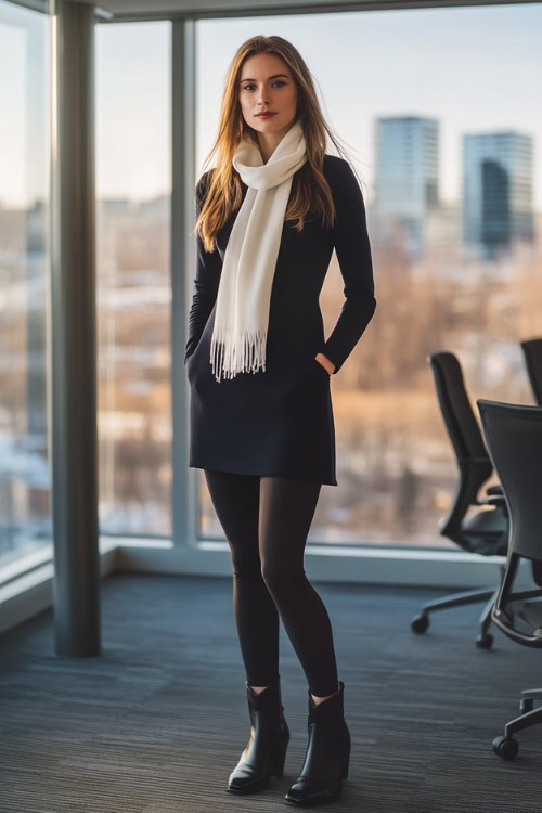 A polished winter office look showcasing a woman in a fitted navy-blue dress, a white wool scarf, black tights, and sleek black cowboy boots