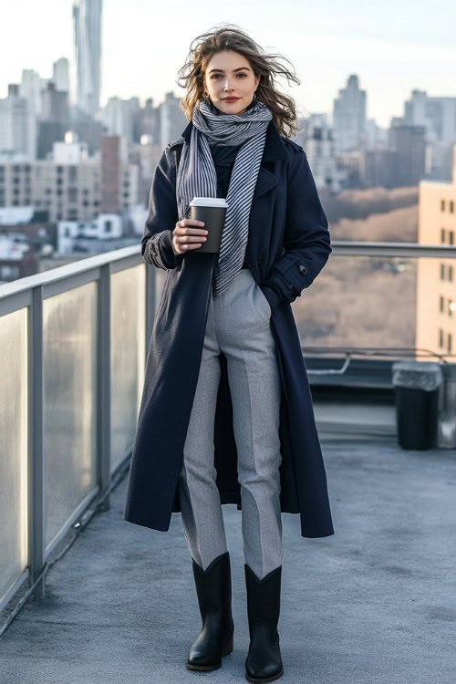 A polished winter office outfit with a woman in a navy trench coat, a striped scarf, light gray flare-leg trousers tucked into matte black cowboy boots