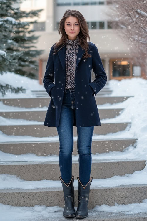 A practical yet stylish winter work look featuring a woman in a navy pea coat, a patterned knit sweater, medium-wash bootcut jeans tucked into slightly worn black cowboy boots (2)