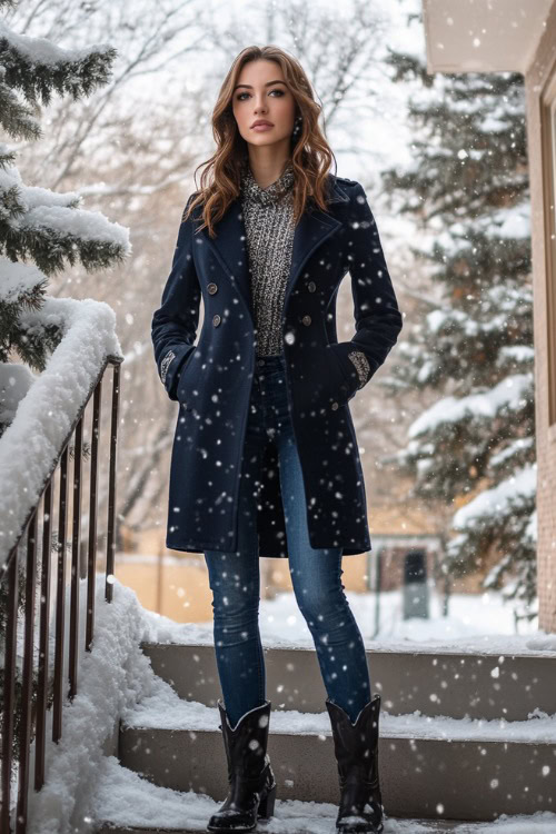 A practical yet stylish winter work look featuring a woman in a navy pea coat, a patterned knit sweater, medium-wash bootcut jeans tucked into slightly worn black cowboy boots