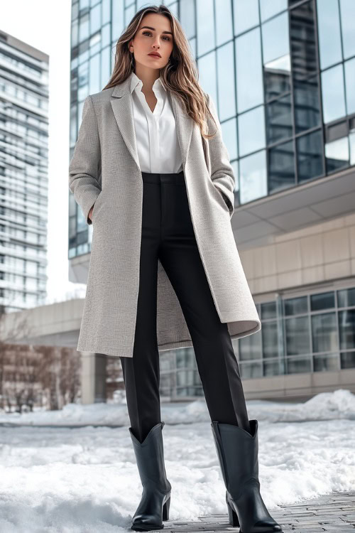 A professional winter look with a woman in a tailored light gray overcoat, a white blouse, black flare-leg trousers tucked into polished black cowboy boots