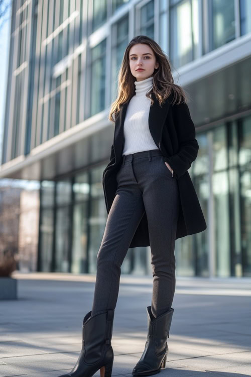 A professional winter outfit featuring a woman in a tailored black wool coat, a white turtleneck sweater, and dark gray bootcut trousers tucked into polished black cowboy boots