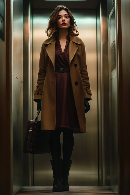 A professional yet cozy outfit with a woman in a maroon wrap dress, a camel trench coat, black tights, and polished black cowboy boots