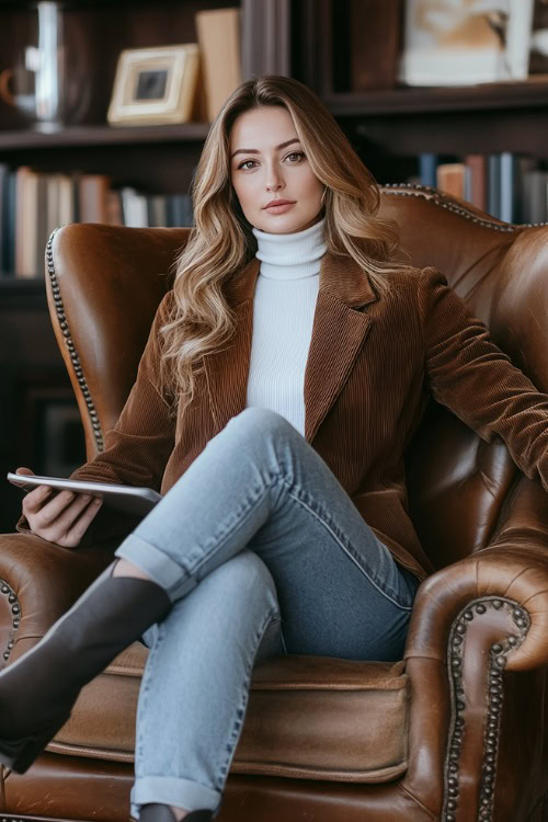 A relaxed yet polished winter work outfit featuring a woman in a brown corduroy blazer, a white turtleneck, light-wash bootcut jeans tucked into black cowboy boots