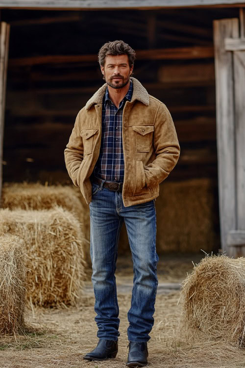 A rugged country look showcasing a man in a tan shearling-lined jacket, a navy plaid shirt, and light-washed straight-leg denim tucked into slightly worn black cowboy boots