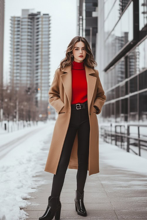 A sophisticated winter ensemble featuring a woman wearing a belted camel coat over a red sweater, black straight-leg pants tucked into glossy black cowboy boots