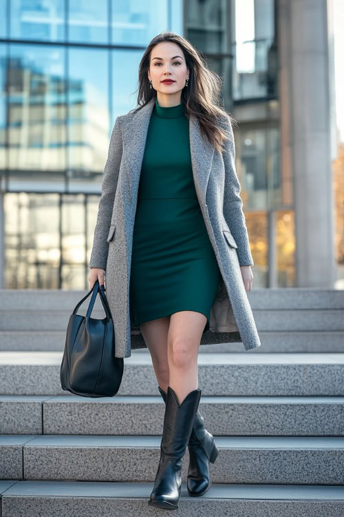 A sophisticated winter outfit with a woman wearing a knee-length gray wool coat over a fitted emerald green dress, paired with black cowboy boots and a structured handbag