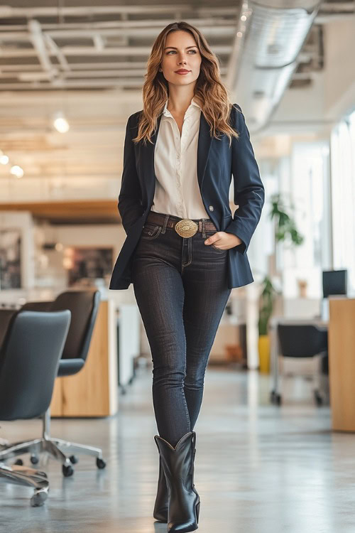 A stylish yet functional work outfit with a woman wearing a navy blazer over a cream blouse, paired with dark bootcut denim tucked into shiny black cowboy boots